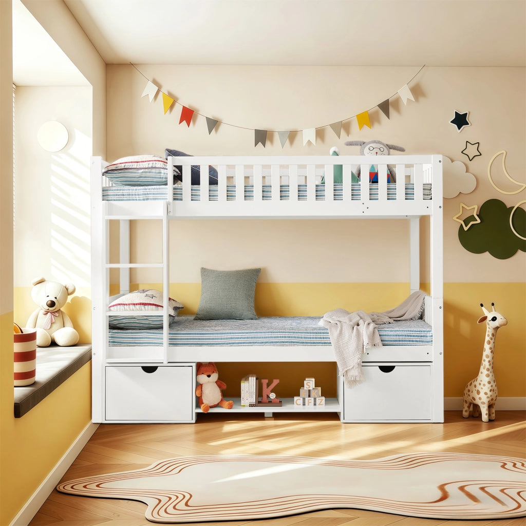 LETTO a castello convertibile 90x200 cm in legno bianco con scala e cassetti