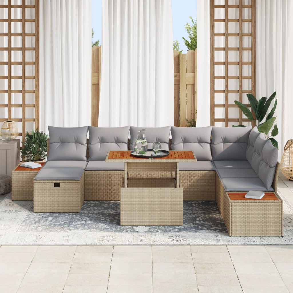 Set divano da giardino 9 pezzi con cuscini beige in polyrattan