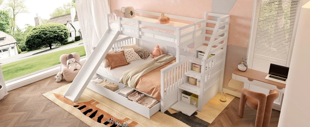 DESMIU Letto a castello 90 × 200 cm e 140 × 200 cm 3 posti con 2 cassetti, 3 vani e scivolo, senza materasso, bianco