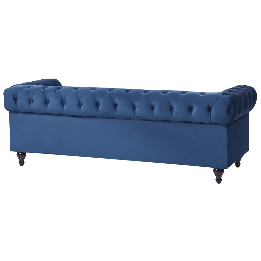 Chesterfield Soggiorno Set Rivestimento in Tessuto Velluto Blu Gambe in Legno Scuro Divano a 3 Posti + Poltrona Contemporanea