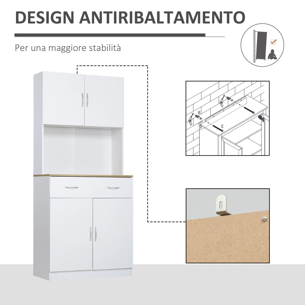Credenza Cucina con Armadietti a 2 Ante e Cassetto in Legno, 80x40x180cm, Bianco