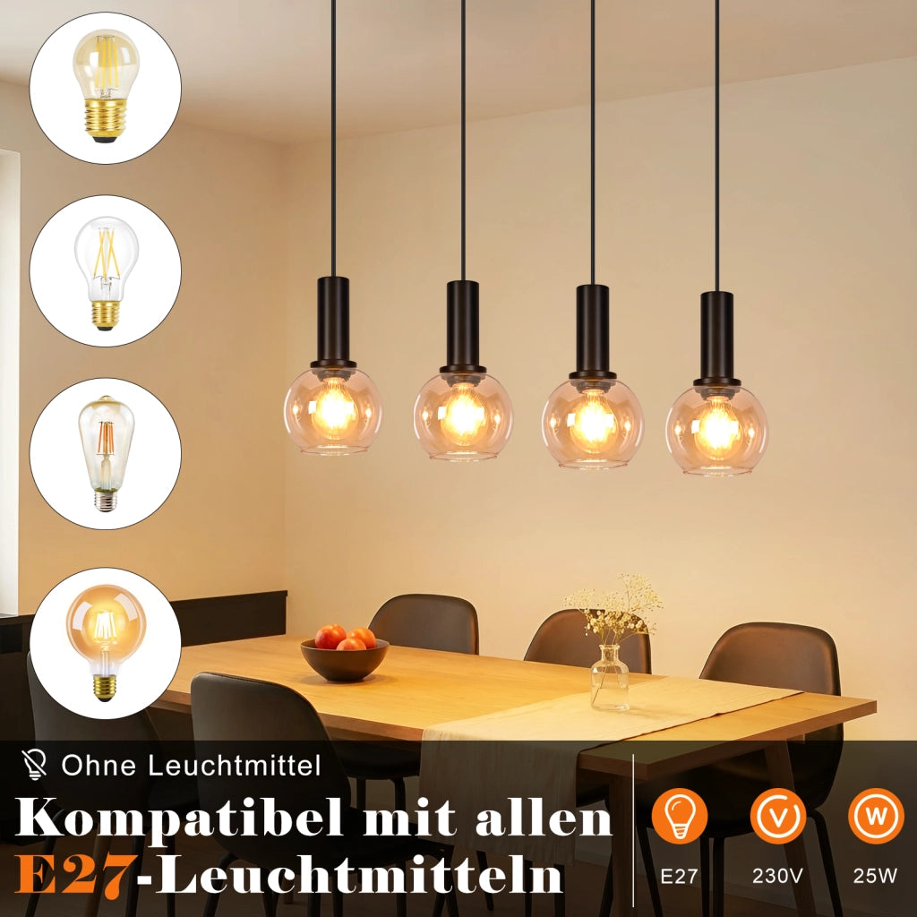 ZMH Lampada a Sospensione 4 Luci Vetro Vintage Altezza Regolabile E27 per Sala da Pranzo Soggiorno Senza Lampadina