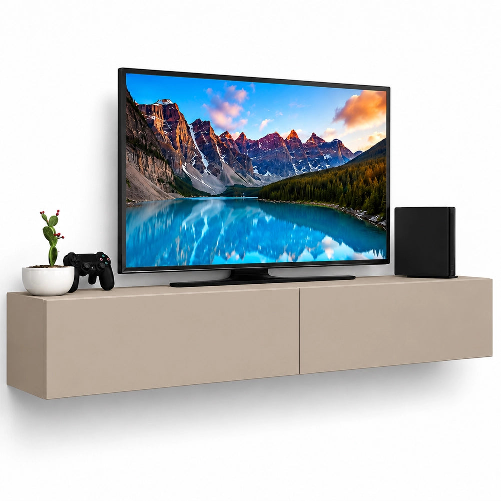 Mobile Porta Tv Sospeso da Salotto Mobiletto 2 Cassetti Sabbia 135x31.5x25cm