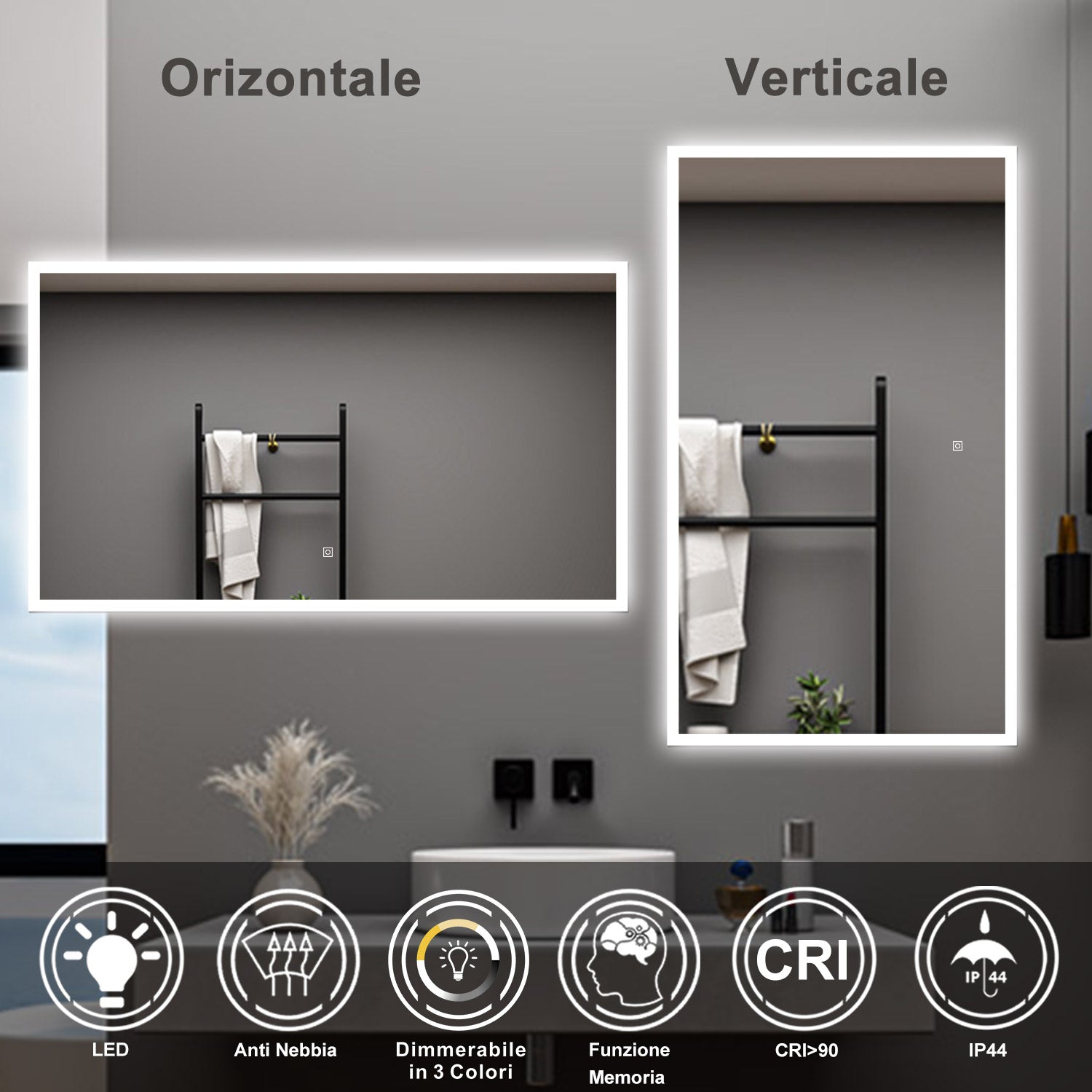 AICA Specchio da bagno  100 x 60 cm, dimmerabile, Funzione Memoria, antiappannamento, 3 colori