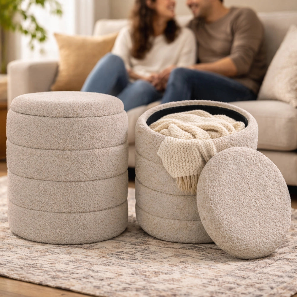 Set 2 Pouf Contenitori Rivestimento Bounclè Beige Seduta Imbottita Ergonomica