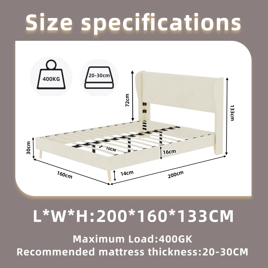 Letto imbottito 160x200 cm beige in tessuto e metallo, con testiera