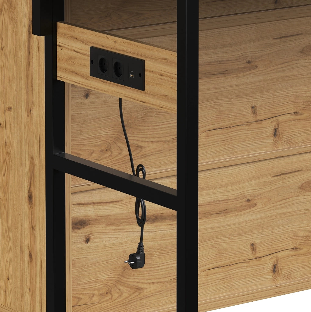 Credenza cucina con piano d’appoggio, prese integrate e ripiano a parete 107x62x183 cm in MDF e metallo