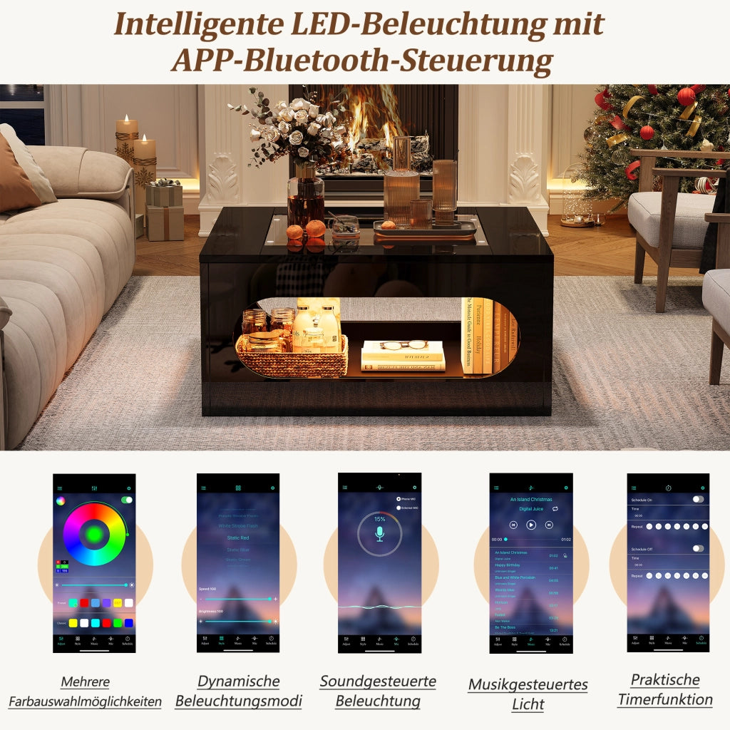 Tavolino da caffè con vano centrale e LED; per soggiorno; in MDF e vetro; 70×70×35 cm; nero
