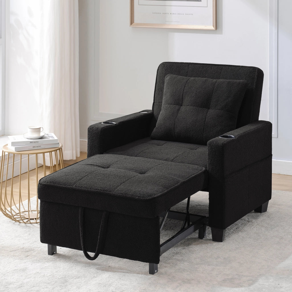 Fauteuil convertibile 3 in 1 con schienale regolabile, porta bicchieri, porta USB e tasca laterale nero 74 × 87 × 84 cm