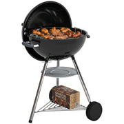 barbecue a carbone con griglia esterna rotonda. coperchio. termometro e ruote. Nero