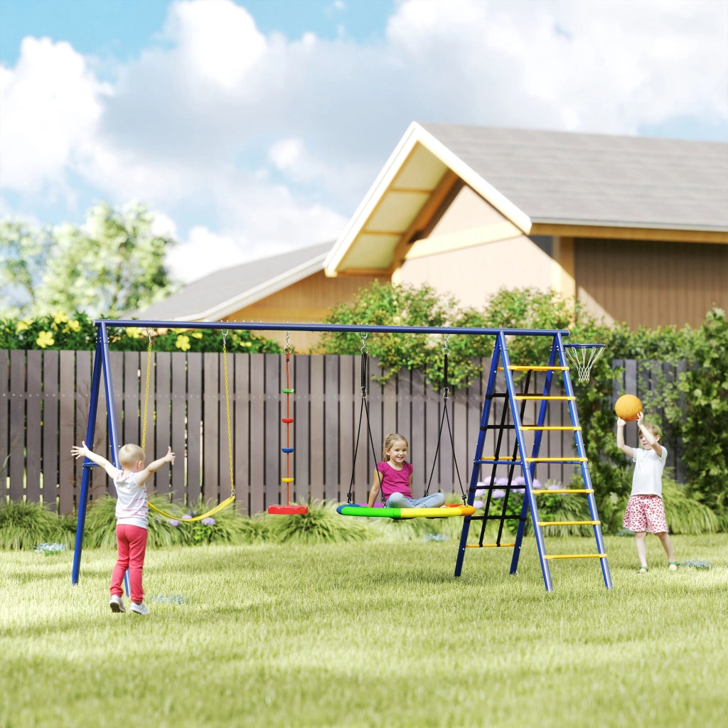 Gioco per Bambini 3-8 Anni con 3 Altalene, Scala a Corda e Canestro Basket, in Acciaio, PE e PP, 3.5x1.8x2 m