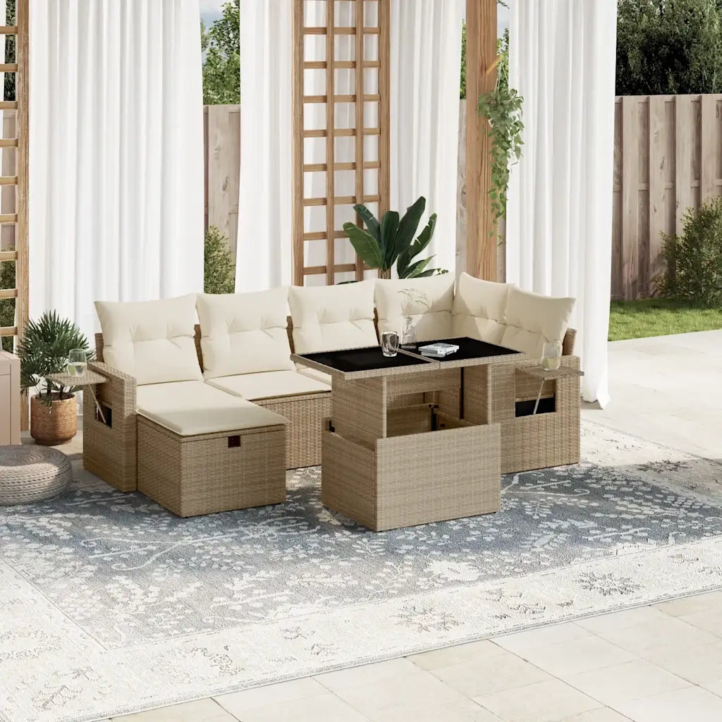 Set Divani da Giardino 7 pz con Cuscini Beige in Polyrattan