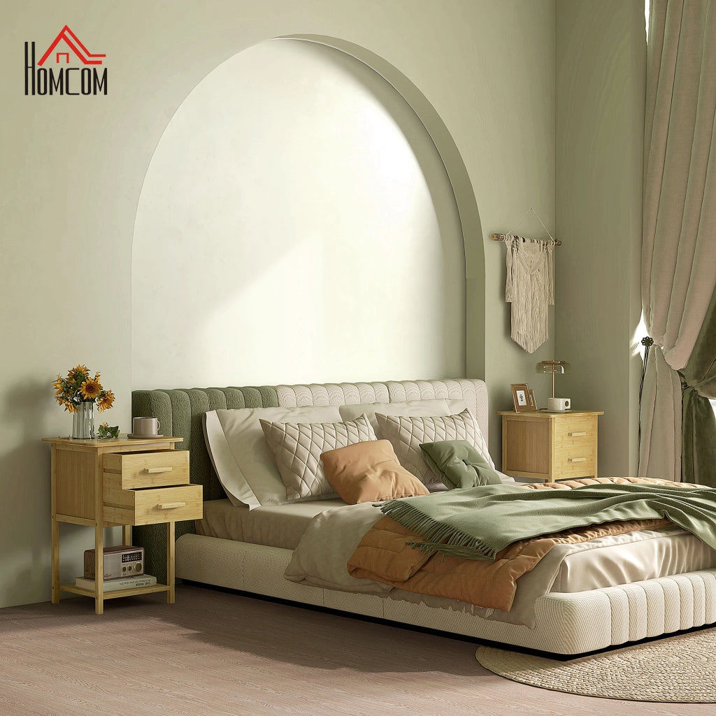 Set 2 Comodini con 2 Cassetti e Ripiano Inferiore in stile Nordico, Comodini Moderni in Bamb¨´, 40x34x60 cm, color Legno