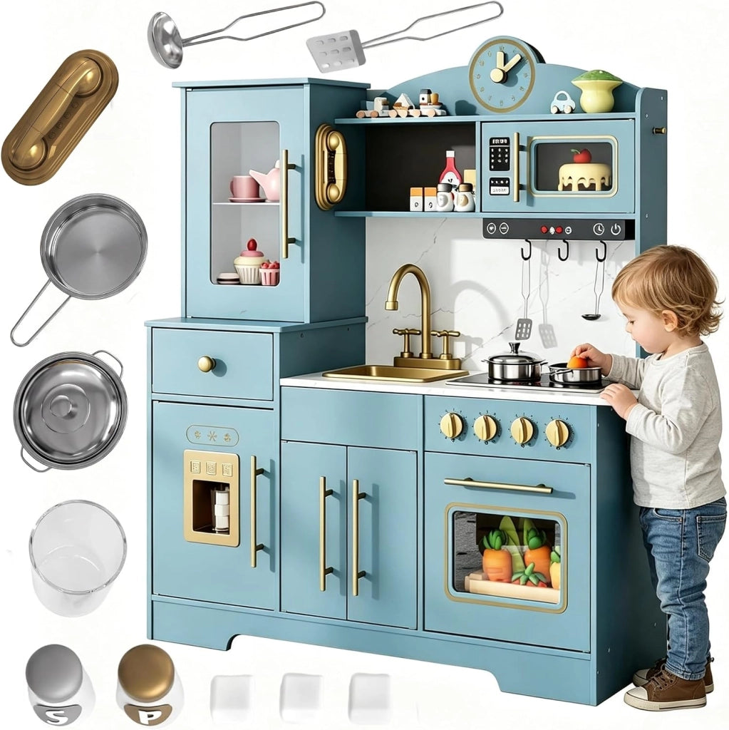 Cucina Giocattolo Per Bambini; Cucina Di Gioco Con Suoni; Fornelli; Rubinetto; Lavello; Microonde; Orologio; Macchina Per Il Ghiaccio e Accessori Da Cucina; Cucina Di Gioco in Legno Per Bambini Dai 3