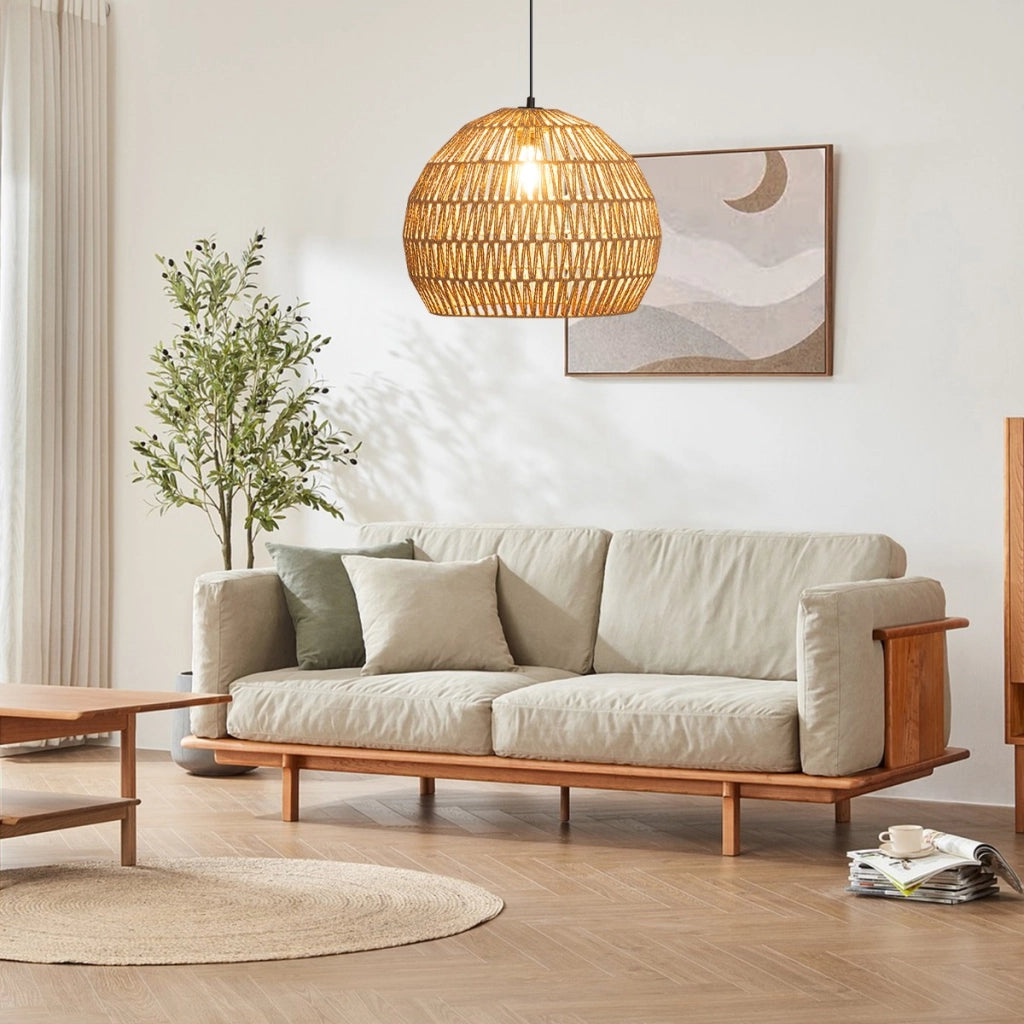 Lampada a sospensione intrecciata in carta per cucina camera da letto, Lampadario boho con altezza regolabile Marrone-Lampade