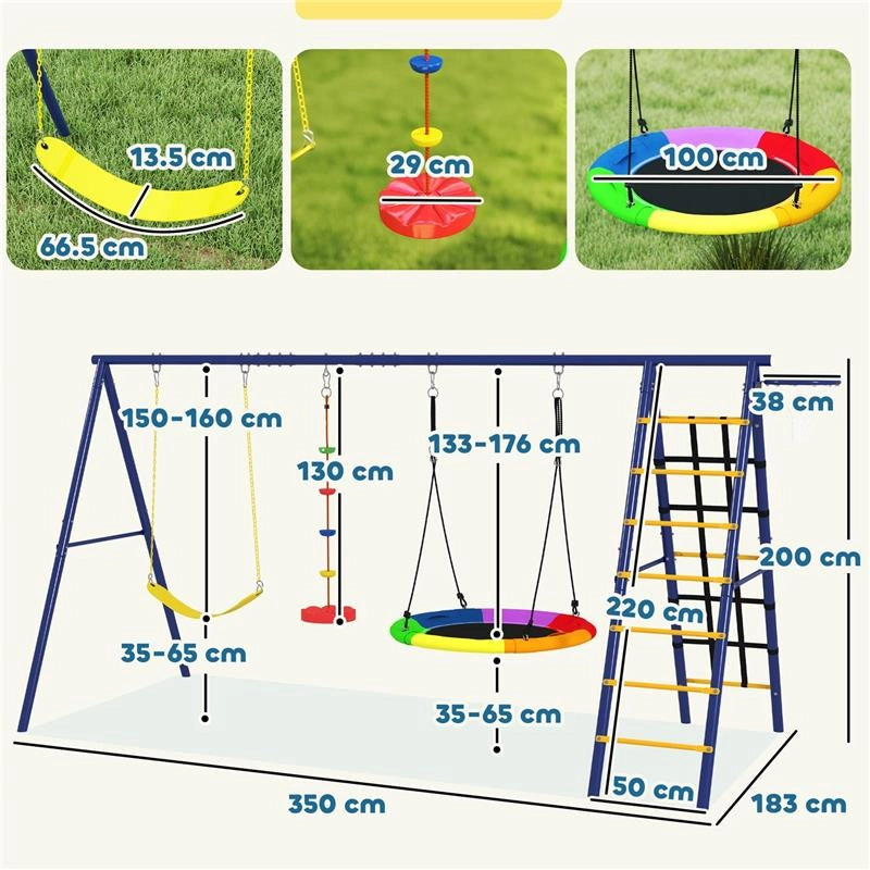 GIOCO PER BAMBINI 3-8 ANNI CON 3 ALTALENE SCALA A CORDA E CANESTRO BASKET IN ACCIAIO PE E PP 3.5X1.8X2 M
