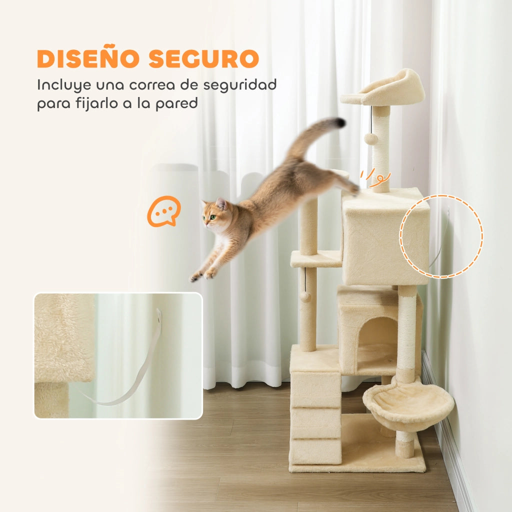 Tiragraffi per Gatti 140 cm ¨C Xylo ¨C Beige con Piattaforme, Cucce, Amaca e Scala