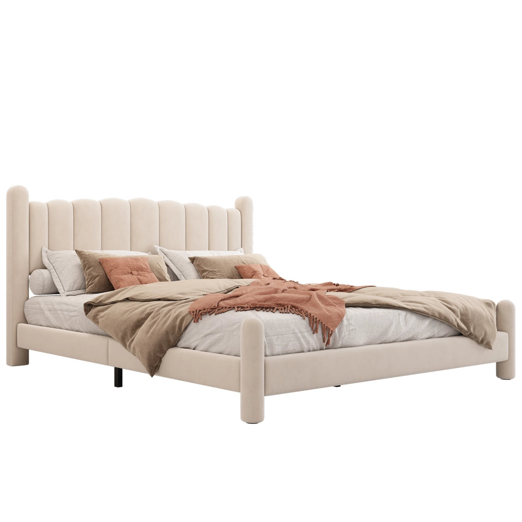 Letto Matrimoniale 180x200 cm; 2 Posti - Testiera ondulata e gambe cilindriche - Beige