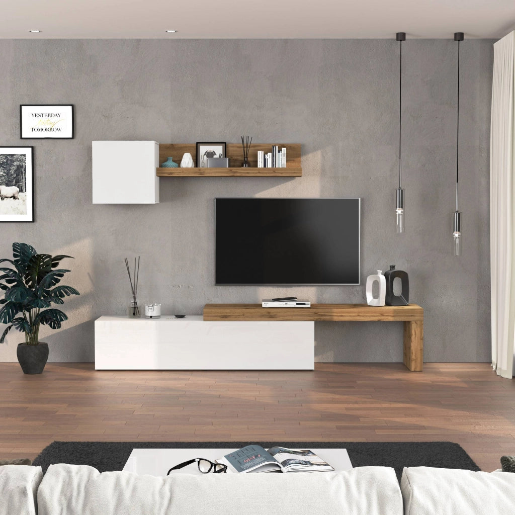 WHOUS Parete attrezzata Chronos set soggiorno bianco lucido e rovere 190/350x40 cm