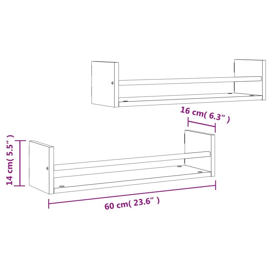 vidaXL Mensole a Parete con Aste 2pz Rovere Fumo 60x16x14 cm
