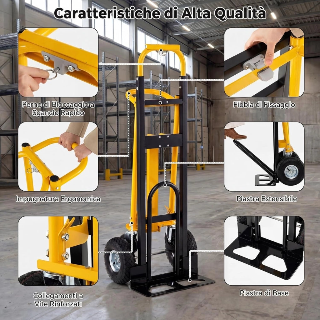 Carrello a Mano 3 in 1, Carrello Pieghevole Trasportatore in Acciaio con Ruote in Gomma Pneumatiche e Manico Ergonomico, Carico 136 kg, per Uso Domestico, Industriale e Magazzino