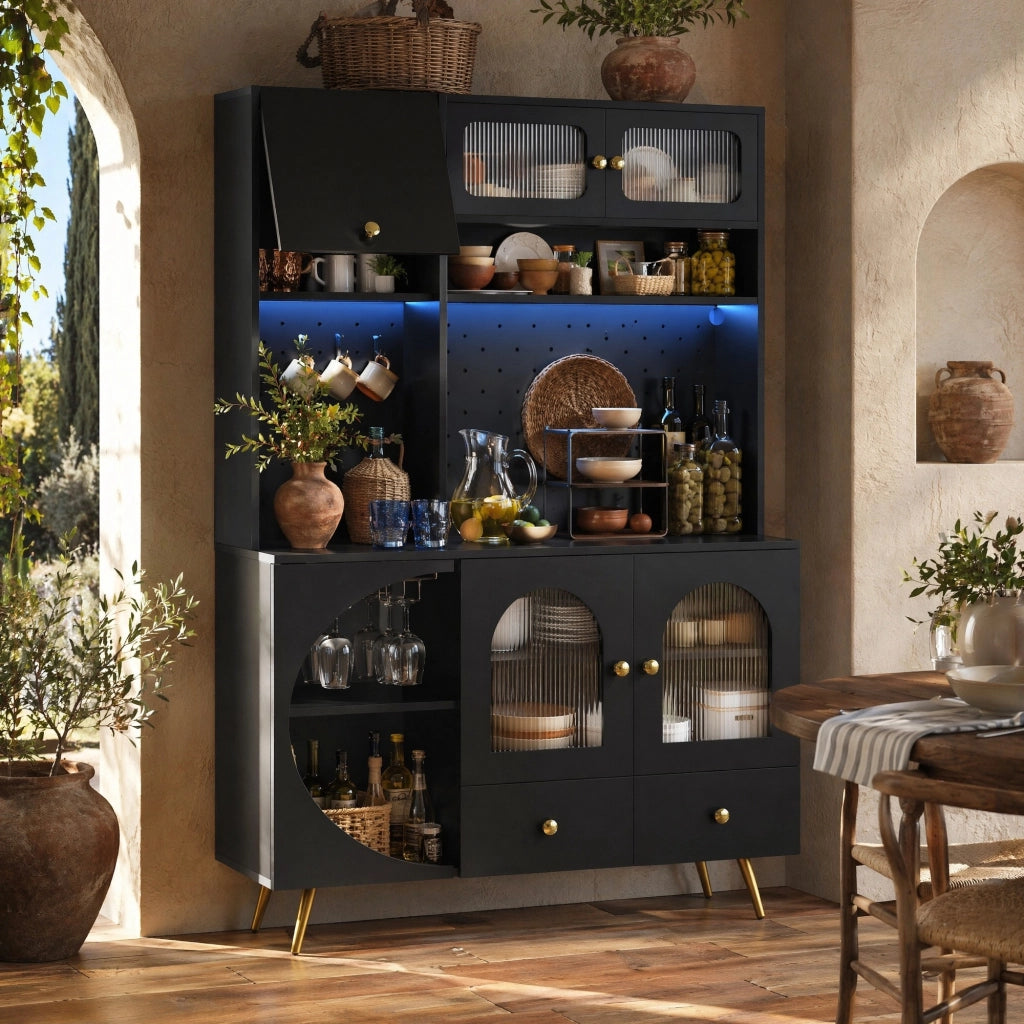 Colonna da cucina con LED e prese USB, cassetto e ante semicircolari in MDF e vetro nero 120 × 40 × 176 cm
