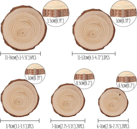 60 pezzi di dischi di legno in legno naturale, dischi di legno senza buchi, inclusi 10 m di corda di canapa, 10 m di corda di cotone, 2 punterelli per verniciatore, 2 stencils per verniciatore e pigmenti.