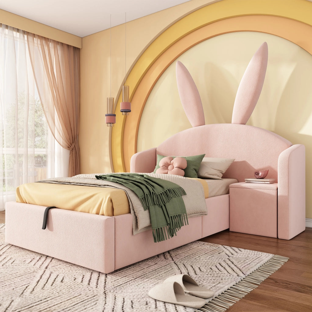 Letto imbottito con vano contenitore 90x200 cm velluto rosa
