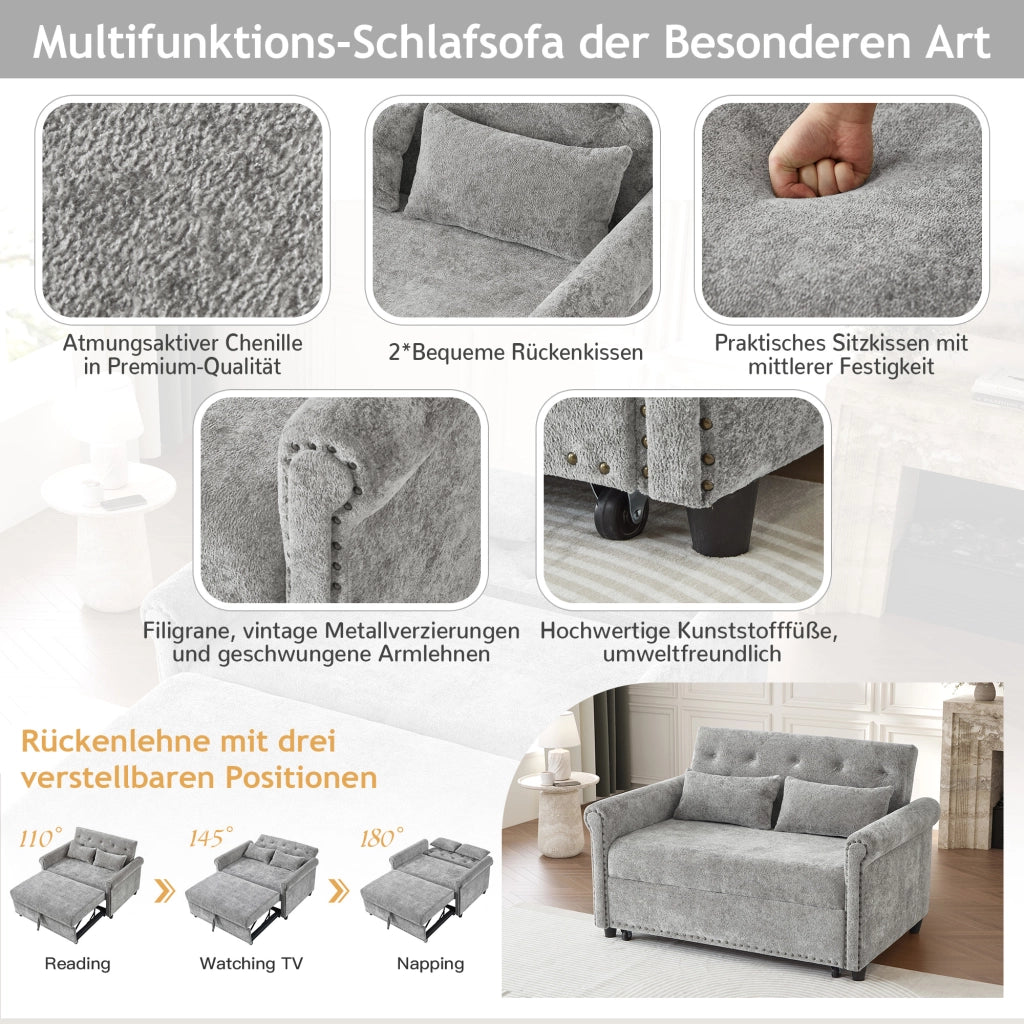 Divano letto 3 in 1 con schienale reclinabile a 3 posizioni letto estraibile in chenille grigio con due cuscini
