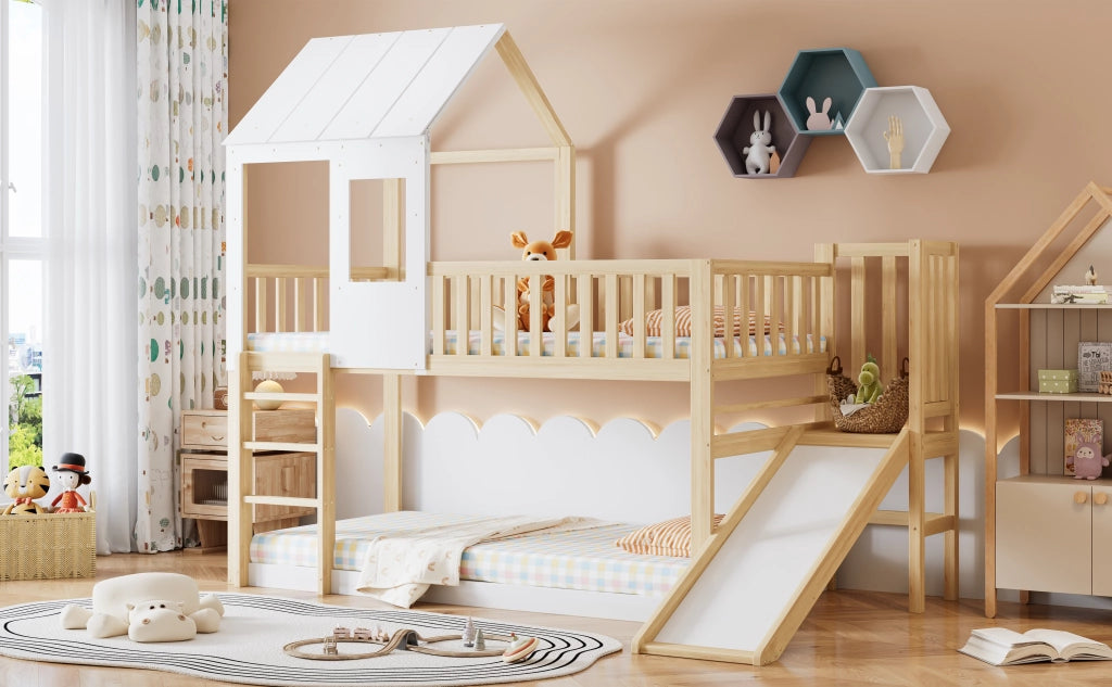 Letto a castello con scivolo e tetto naturale e bianco legno di pino 90x200 cm
