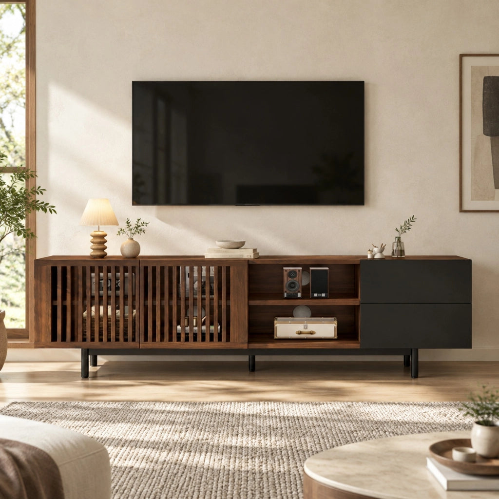 MOBILE TV 160x38x50 cm MDF Noce e Nero con Ante a Lamelle e 2 Cassetti