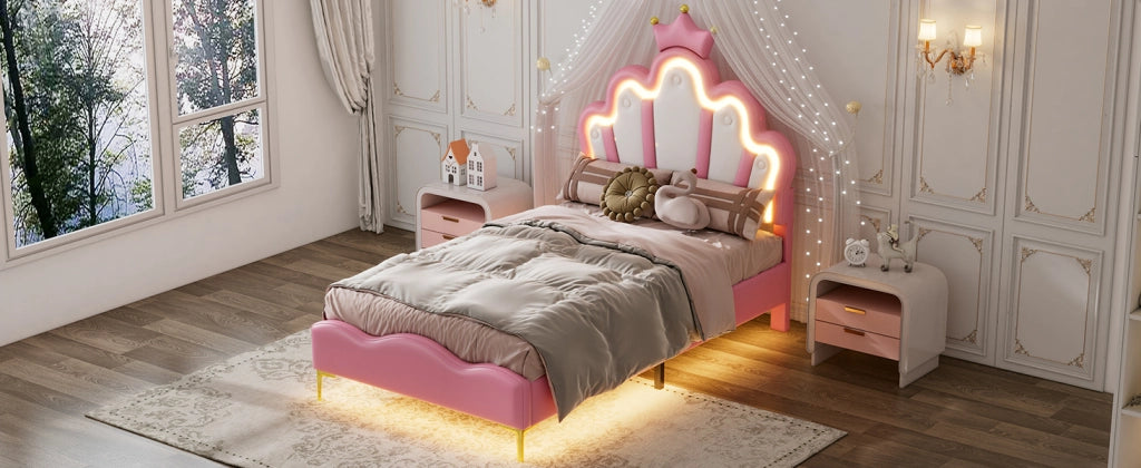 DESMIU Letto Singolo 1 Posto con LED Regolabile, Testiera a Corona, 90 × 200 cm, Senza Materasso, PU Rosa