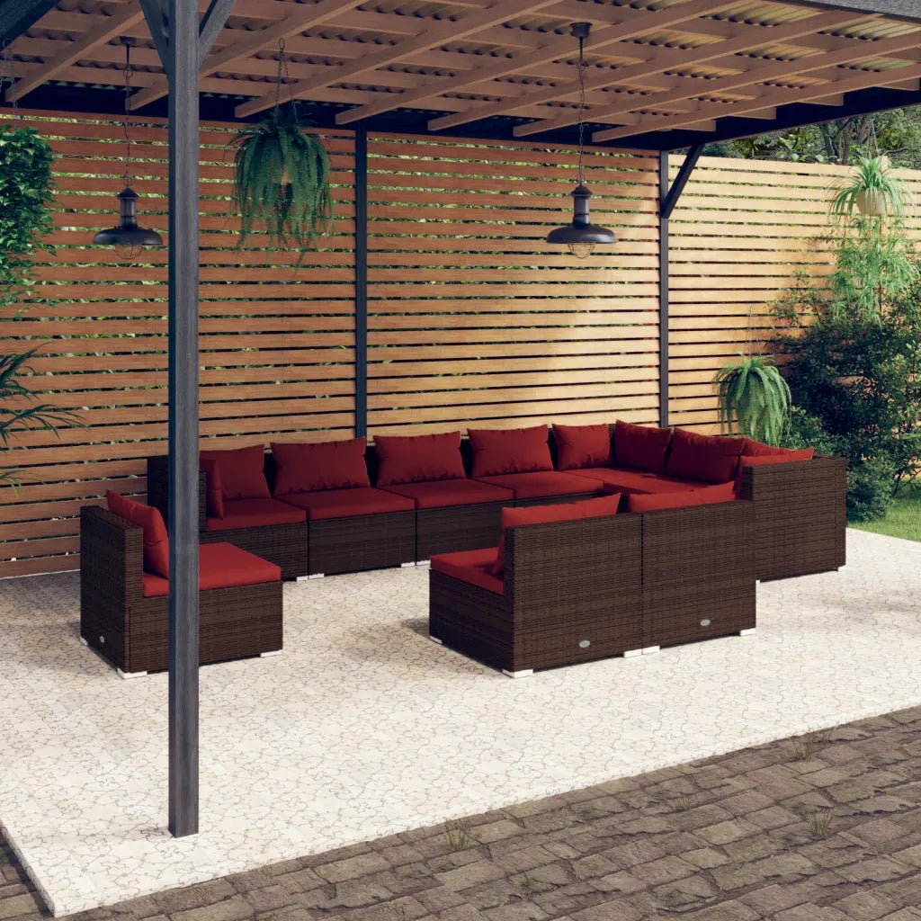 Set Divani da Giardino 10 pz con Cuscini in Polyrattan Marrone 3102595