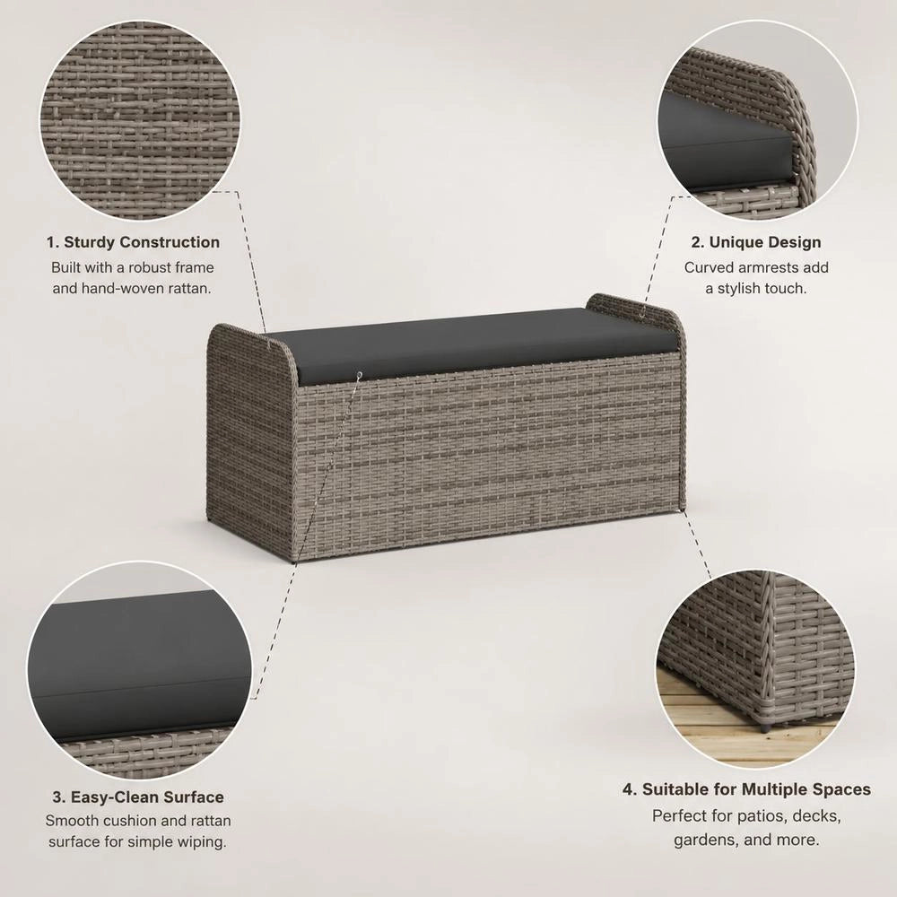 Storage Bench With Cushion, Grey, 115x51x52 Cm, Poly Rattan