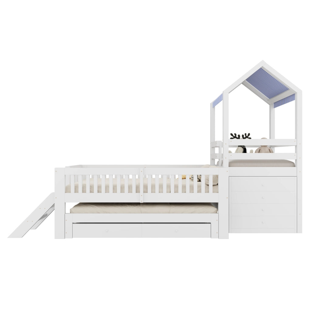 Letto a soppalco per bambini 90 × 200 cm con letto estraibile 90 × 190 cm, scala laterale, cassetti, senza materasso, bianco