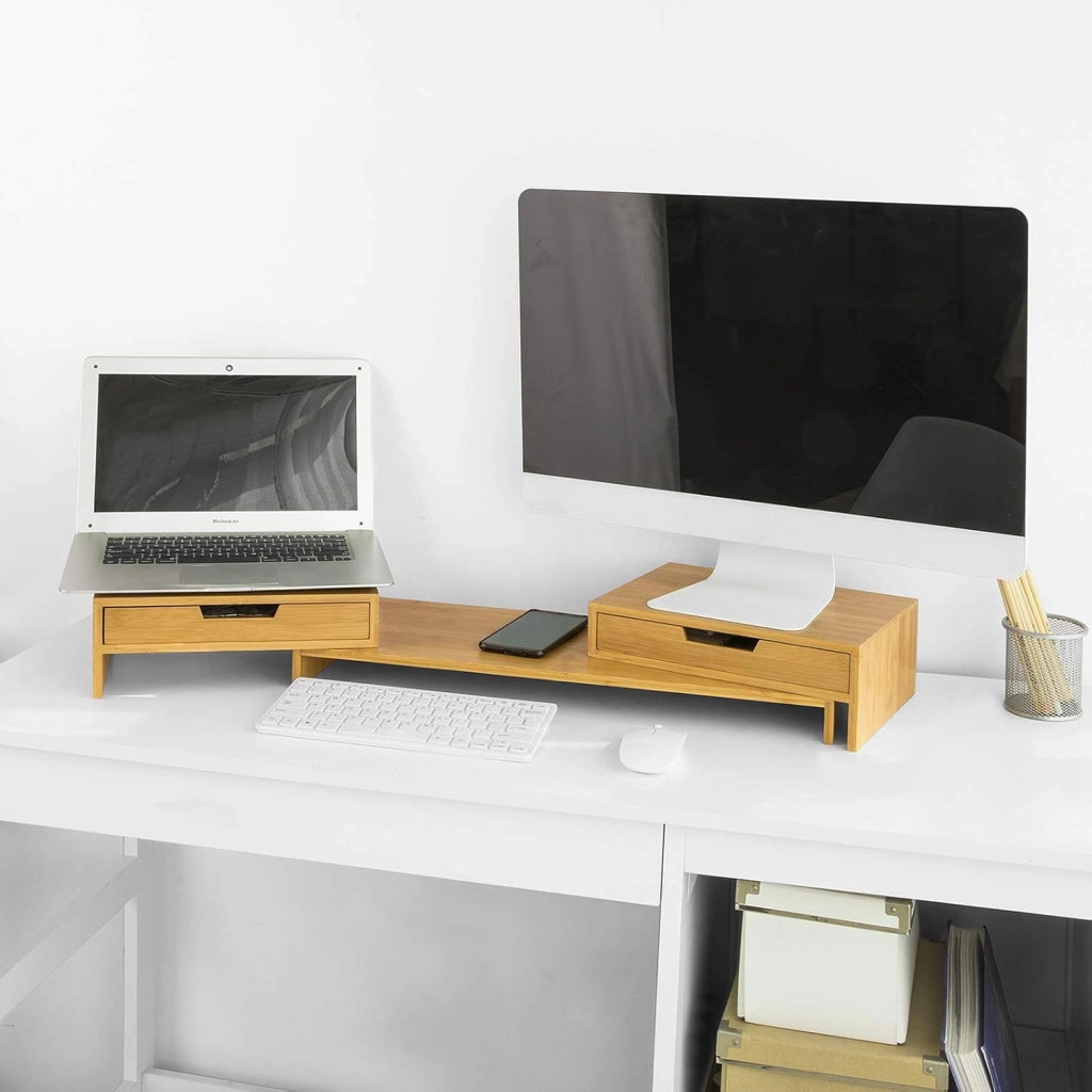 Supporto monitor pc da scrivania per 2 monitors angoli girevole con 2 cassetti e gomma antiscivolo in legno massello di bambù BBF04-N