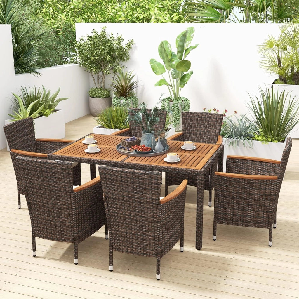 7 Pezzi Set di Mobili da Pranzo, Set Mobili da Giardino in Rattan PE con Piano in Legno di Acacia, 6 Sedie Impilabili e Cuscini Impermeabili, per Giardino Piscina e Cortile