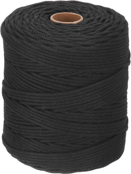 Corda a macramè in cotone naturale nero 5mm x 300m, corda a quattro fili intrecciata a mano per grucce per piante, avvolgimenti di regalo, matrimoni