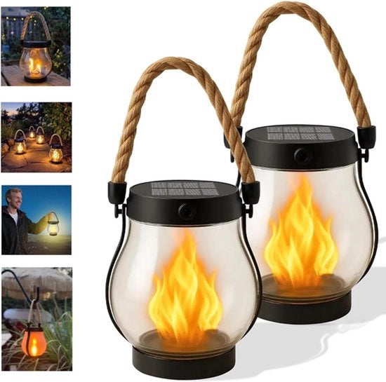 Lanterna esterna a doppio braccio alimentata da energia solare, impermeabile, fiamma lampeggiante, inclusa corda di juta, adatta per essere appesa in giardini, cortili, terrazze, verande, sentieri, ecc. per decorazione.
