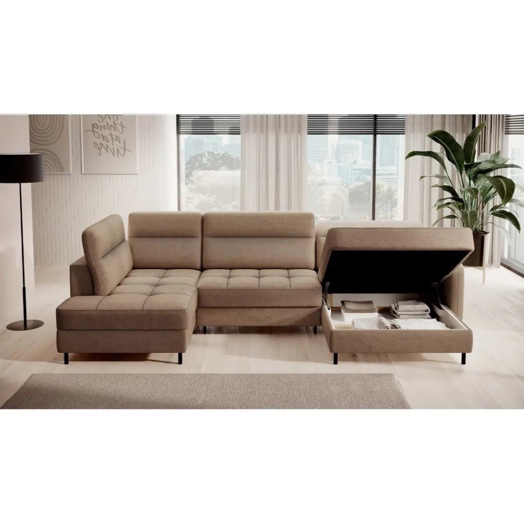 Divano angolare convertibile BERTHO 306 cm marrone chiaro chenille - Angolo destro con contenitore