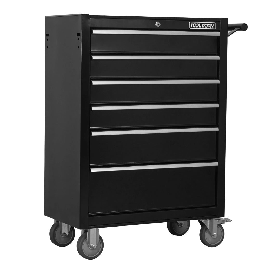 Mobile contenitore con 7 cassetti e ruote con serratura per garage e officina; in metallo; nero; 66×38×82 cm