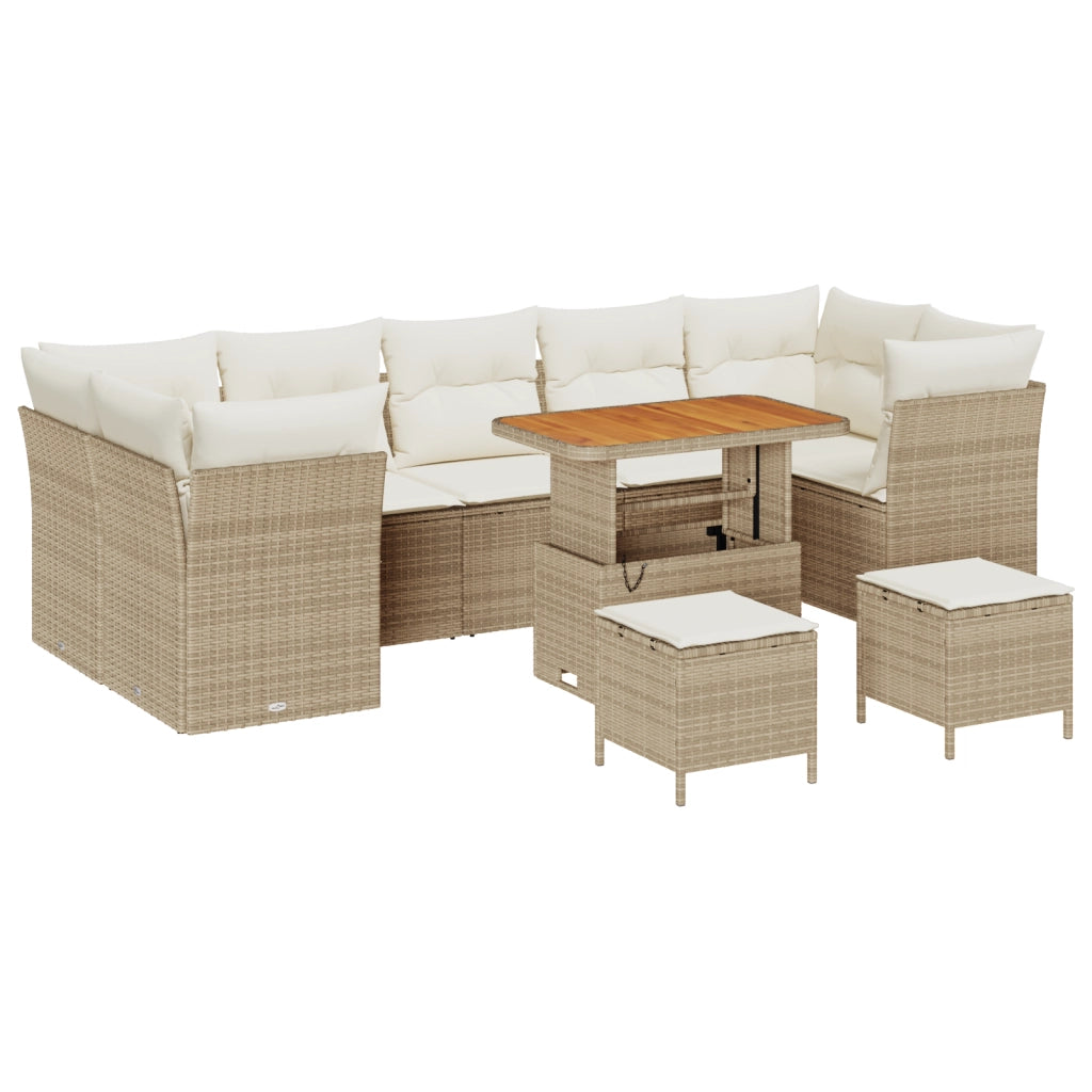 Set Divano da Giardino 10 Pezzi con Cuscini Beige Polirattan Acacia