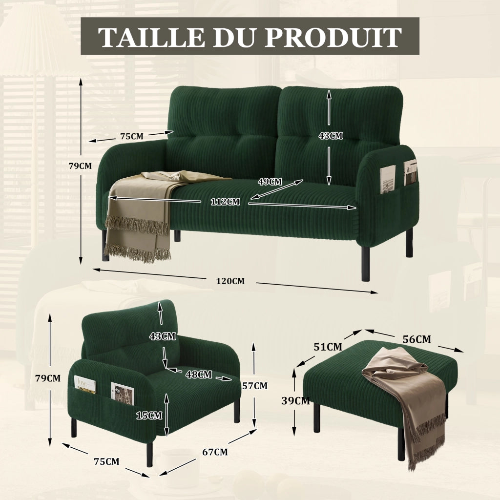OKWISH Set da 3 Sedute con Divano 2 Posti, Poltrona e Poggiapiedi, Tasca Laterale, Velluto A Coste Verde Smeraldo