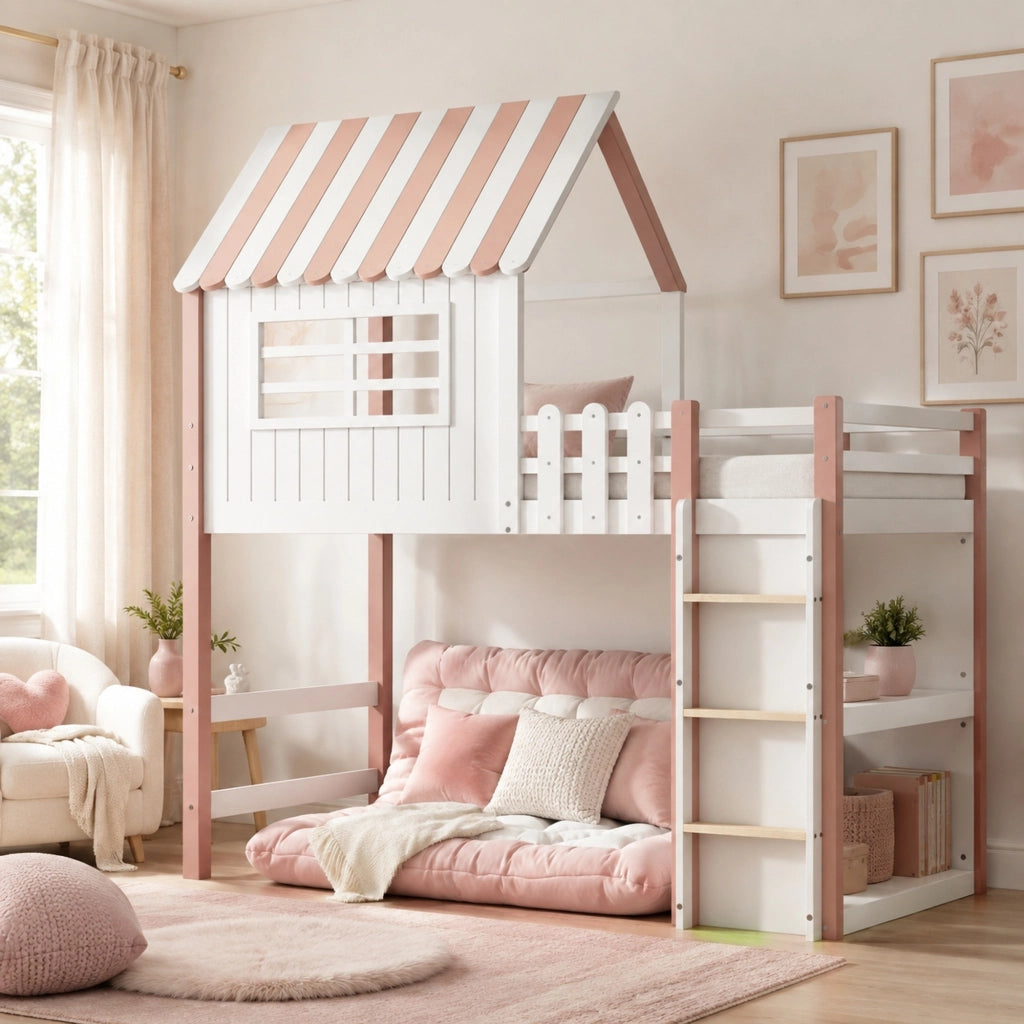 Letto a casetta per bambini 90x200 cm in legno massello; rosa