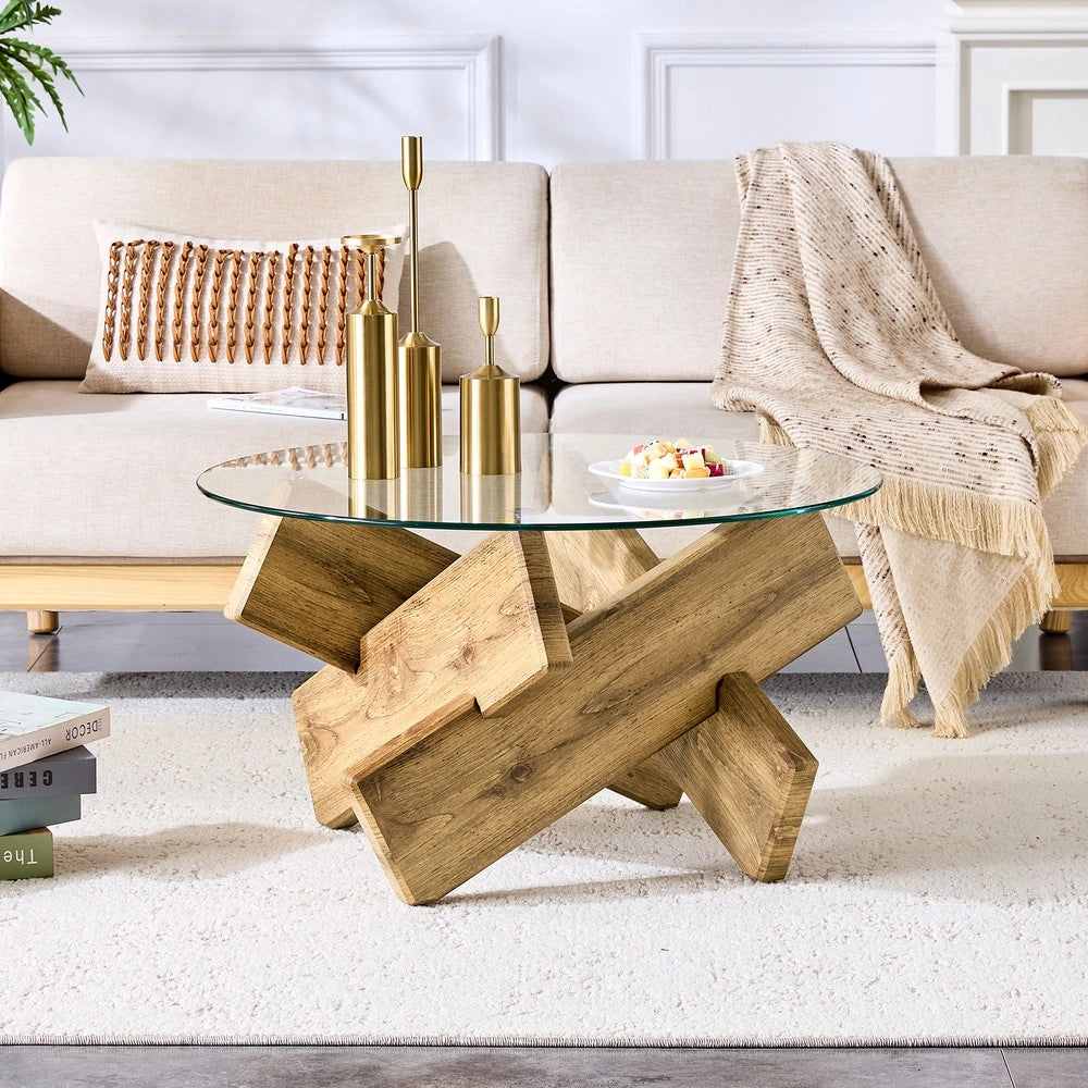 Tavolino da Caff¨¨ Rotondo in Vetro Temperato e Legno ¨C MINIMAL ¨C Piano in Vetro 0,8cm, ?79cm