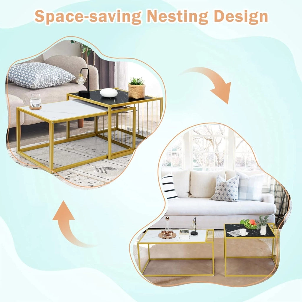 Set con 2 Tavolini Rettangolari in Legno e Acciaio, Tavolini Sovrapponibili e Bassi con Misure Diverse, Ideale per Soggiorno, Camera da Letto e Ufficio, con Carico Massimo di 50 kg