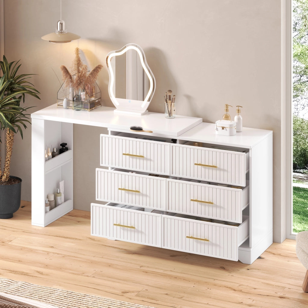 Toeletta girevole con specchio LED, 6 cassetti, bianco e oro, 110×40×129 cm