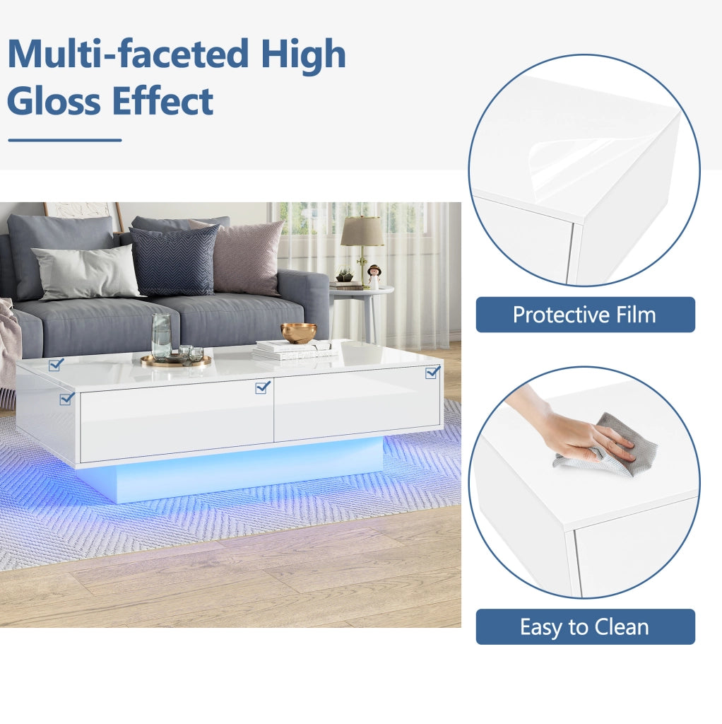 Tavolino da salotto bianco lucido con LED e 2 cassetti