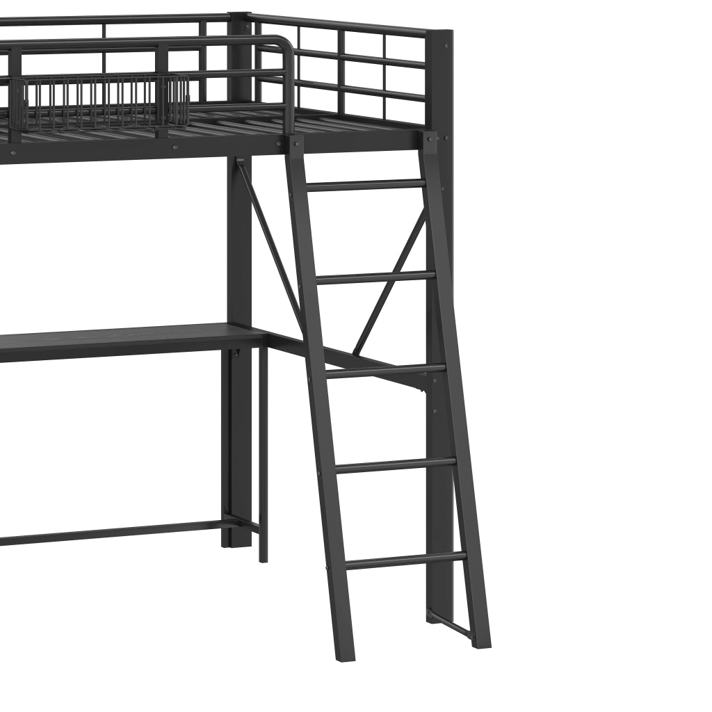 Letto a Soppalco 140x200 cm; Letto Matrimoniale - Scrivania; LED e Mensole - in Metallo e MDF - Nero