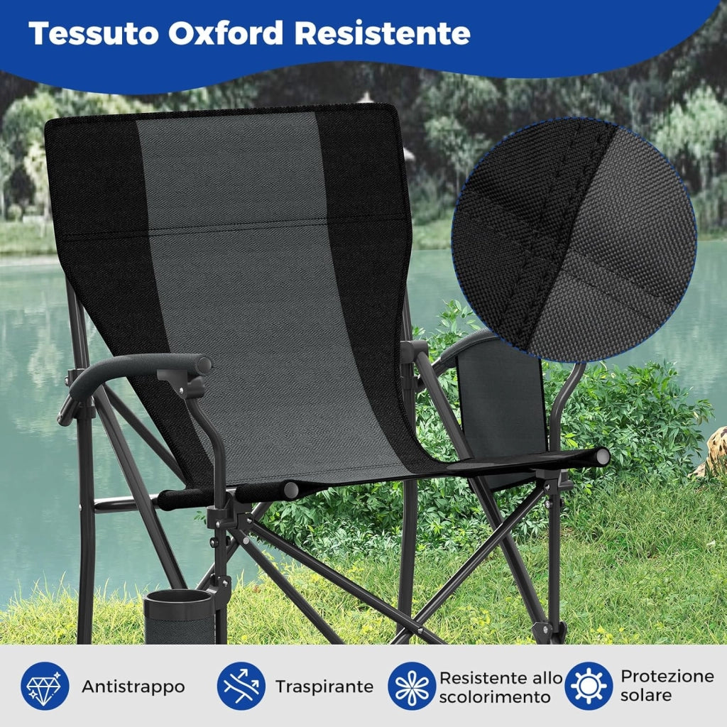 Sedia da Campeggio Portatile, Sedia da Esterno Pieghevole in Tessuto Oxford con Porta Bicchiere e Tasca Laterale, Seduta in Metallo Resistente con Sacca di Trasporto, Portata 160 kg (Nero,2)